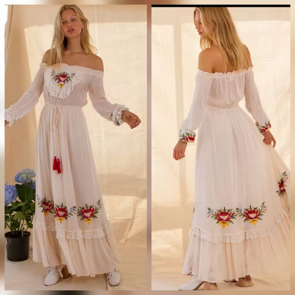 Bohemian Off-Shoulder Embroidered Cream Dress - Picture 1 of 16